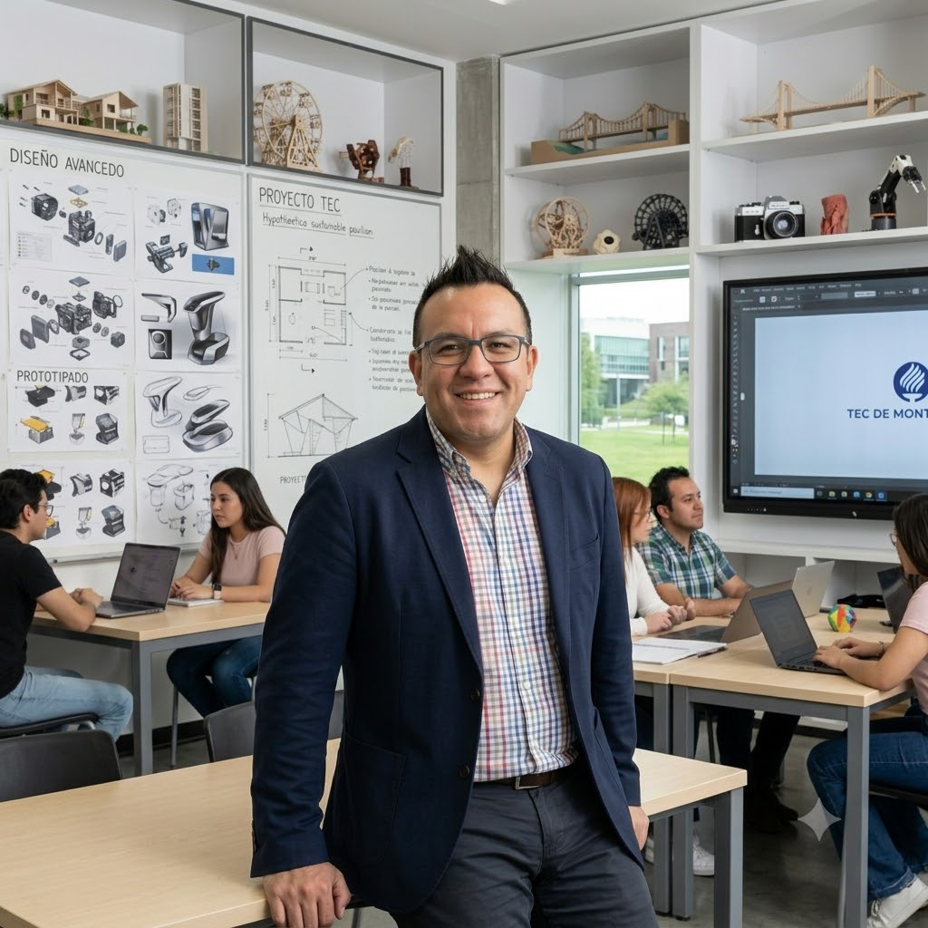 Oliver Gómez lecturing at Tec de Monterrey — classroom with students, product design boards and 3D prototypes.